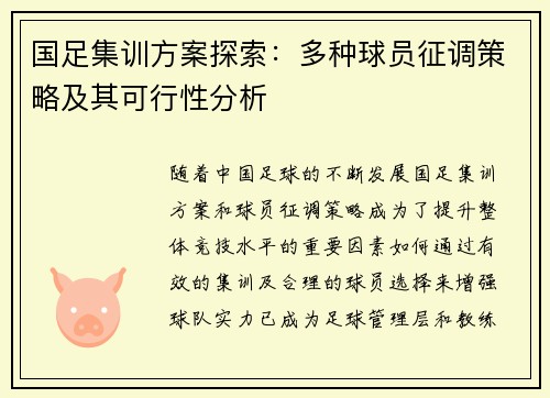 国足集训方案探索：多种球员征调策略及其可行性分析