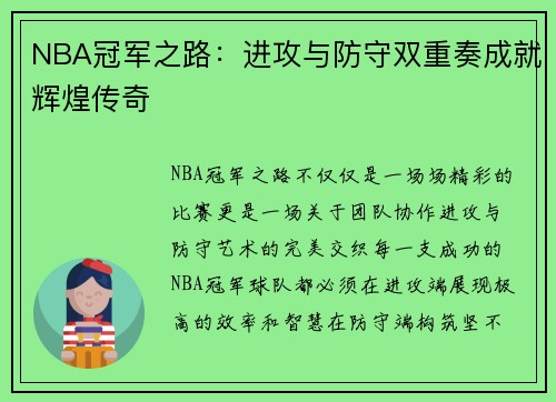 NBA冠军之路：进攻与防守双重奏成就辉煌传奇