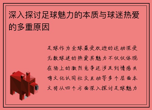 深入探讨足球魅力的本质与球迷热爱的多重原因